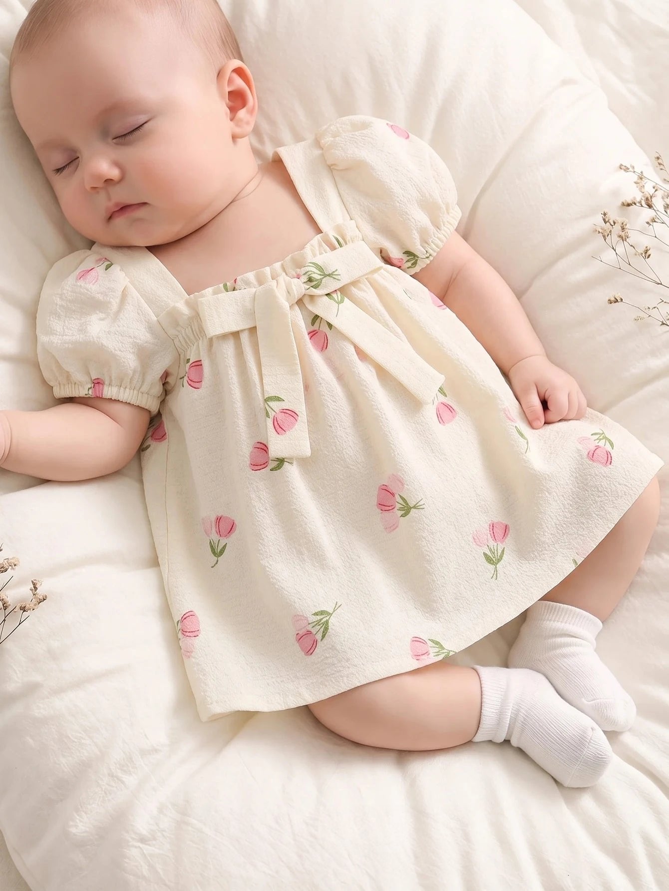 Vestido Bebê Menina Manga Bufante Estampa Floral Tulipa Laço Gola Quadrada 003 Vestido Menina 07 Kabannas 