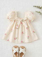 Vestido Bebê Menina Manga Bufante Estampa Floral Tulipa Laço Gola Quadrada 003 Vestido Menina 07 Kabannas Creme Recém-nascido 