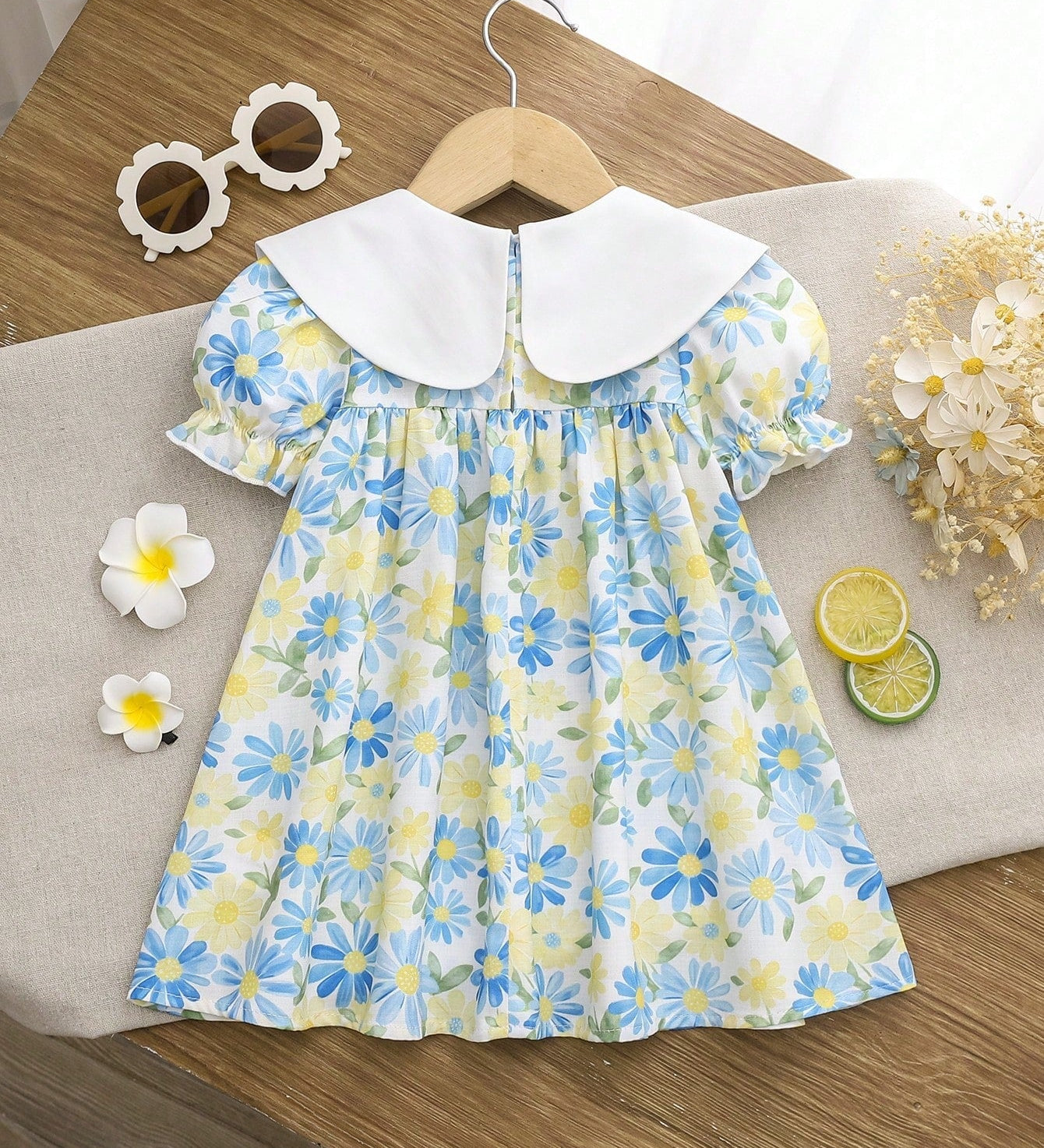 Vestido Bebê Menina Manga Curta Bufante Gola Marinheiro Laço Estampa Floral 003 Vestido Menina 11 Kabannas 