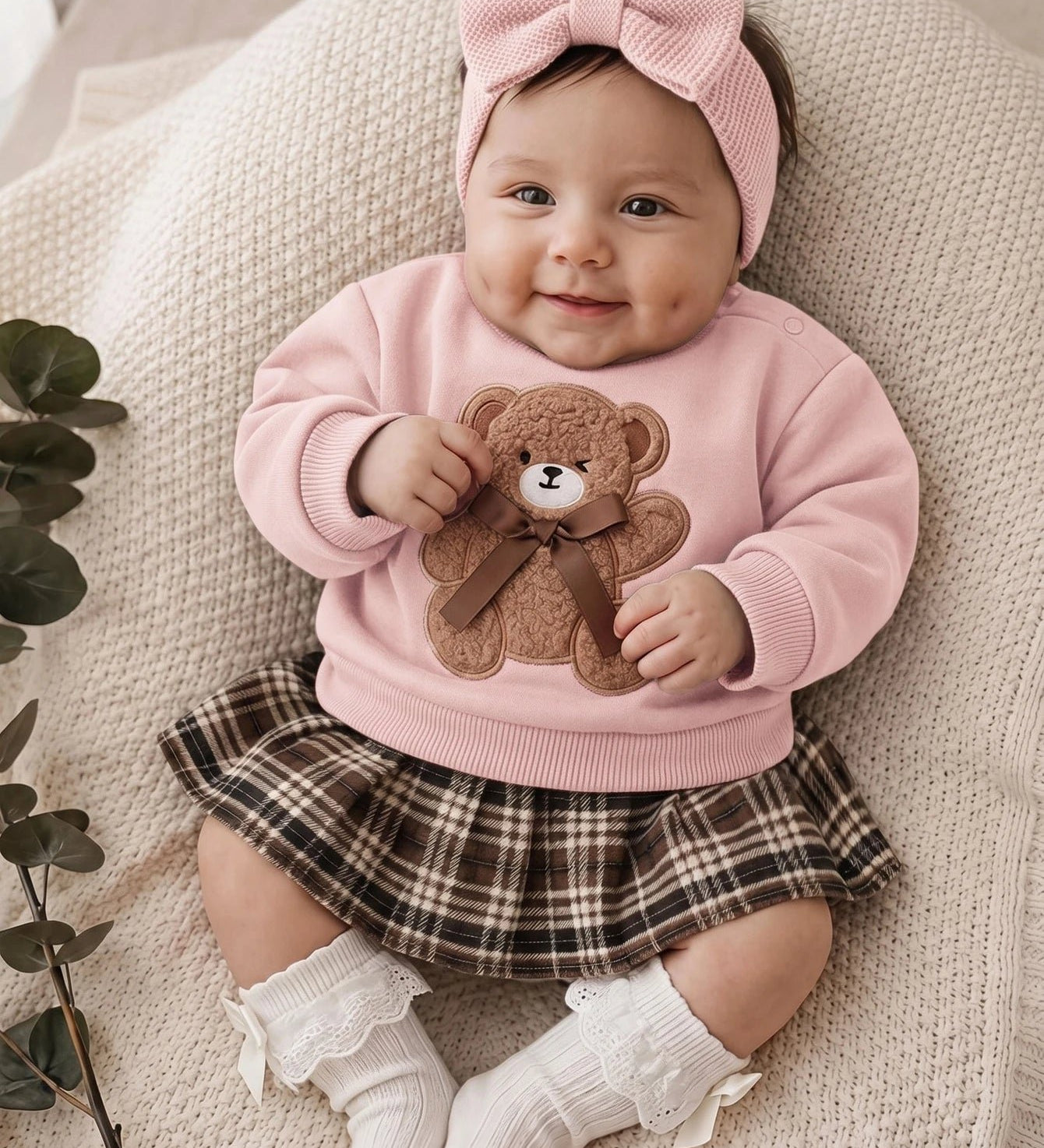 Vestido Bebê Menina Moletom Urso e Saia Xadrez 004 Vestido Menina 25 Kabannas Rosa 0-1 Meses 