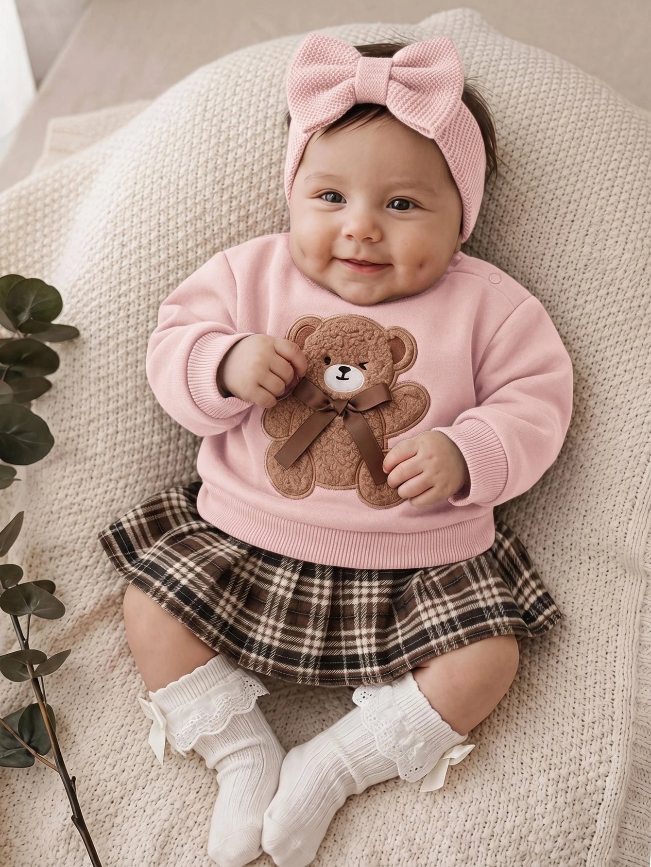 Vestido Bebê Menina Moletom Urso e Saia Xadrez 004 Vestido Menina 25 Kabannas Rosa 0-1 Meses 