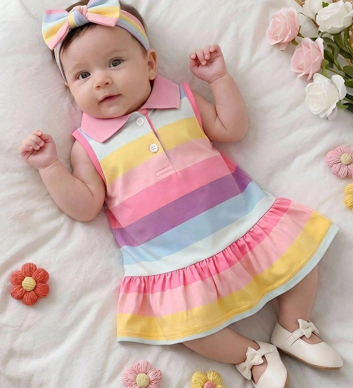 Vestido Bebê Menina Polo Listrado Arco-Íris 003 Vestido Menina 14 Kabannas Colorido Recém-nascido 