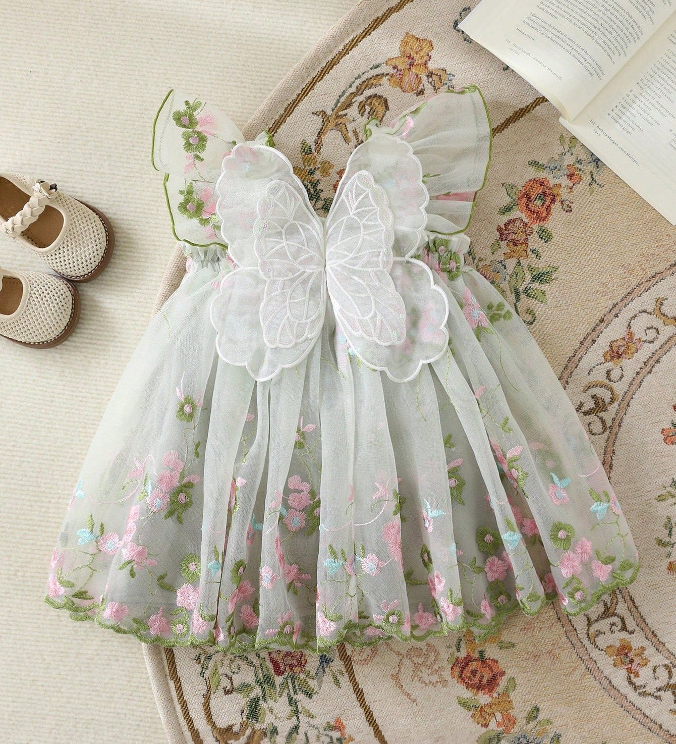 Vestido Bebê Menina Tule Bordado Floral 004 Vestido Menina 34 Kabannas Verde 6-9 Meses 