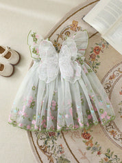Vestido Bebê Menina Tule Bordado Floral 004 Vestido Menina 34 Kabannas Verde 6-9 Meses 