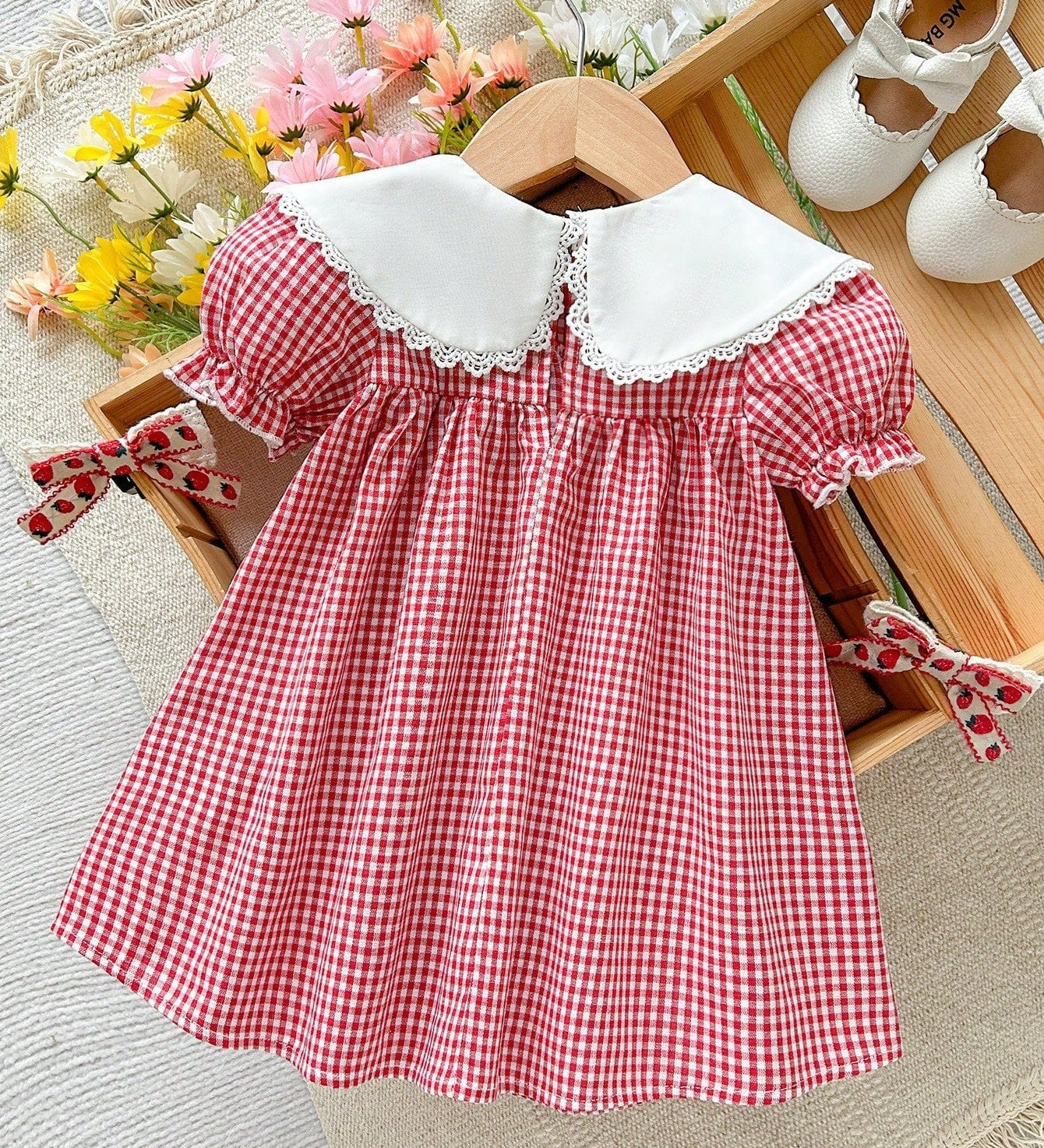 Vestido Bebê Menina Xadrez Gola Bordada Pato Manga Bufante Laço 001 Vestido Menina 02 Kabannas 