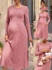Vestido Gestante e Amamentação Midi Manga Longa com Barra Evasê