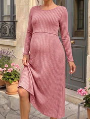 Vestido Gestante e Amamentação Midi Manga Longa com Barra Evasê