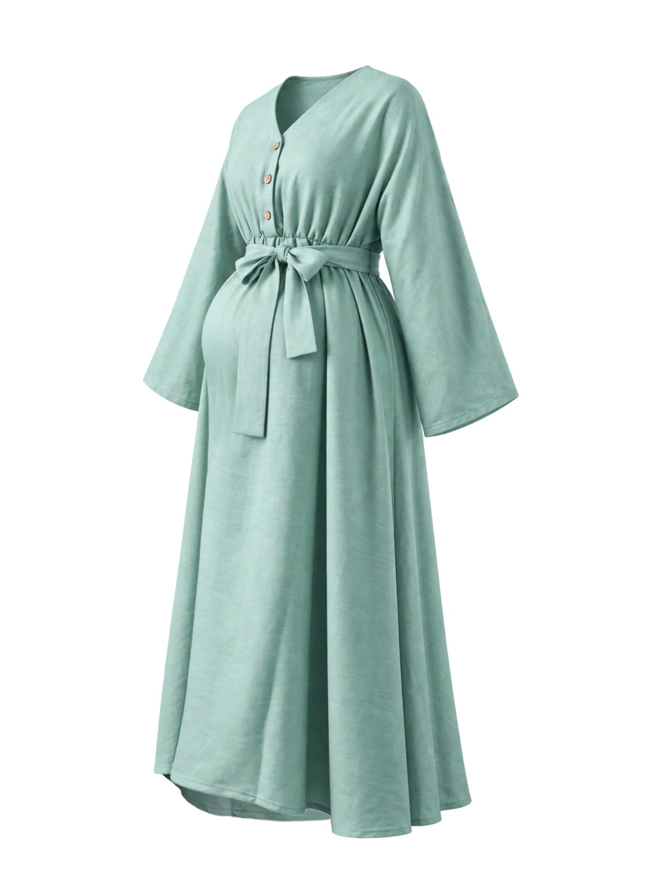 Vestido Gestante e Amamentação Midi Manga Longa com Botões e Faixa - Verde sálvia
