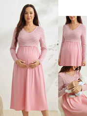 Vestido Gestante e Amamentação Midi Manga Longa com Busto Listrado - Rosa