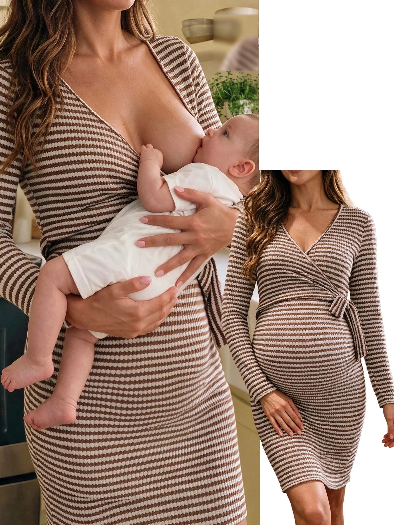 Vestido Gestante e Amamentação Transpassado Listrado Manga Longa