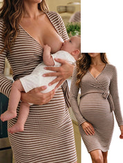 Vestido Gestante e Amamentação Transpassado Listrado Manga Longa