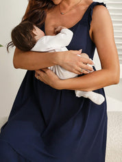 Vestido Gestante e Amamentação Curto com Botões, Bolsos e Barra de Babado - Azul marinho