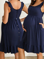 Vestido Gestante e Amamentação Curto com Botões, Bolsos e Barra de Babado - Azul marinho