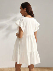 Vestido Gestante e Amamentação Curto Evasê com Mangas de Babado - Branco