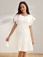 Vestido Gestante e Amamentação Curto Evasê com Mangas de Babado - Branco