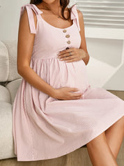 Vestido Gestante e Amamentação Curto Listrado com Botões e Laço nos Ombros - Rosa e branco
