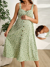Vestido Gestante e Amamentação Floral de Alças com Botões Frontais - Verde