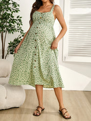 Vestido Gestante e Amamentação Floral de Alças com Botões Frontais - Verde