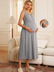 Vestido Gestante e Amamentação Longo Regata com Decote U - Cinza