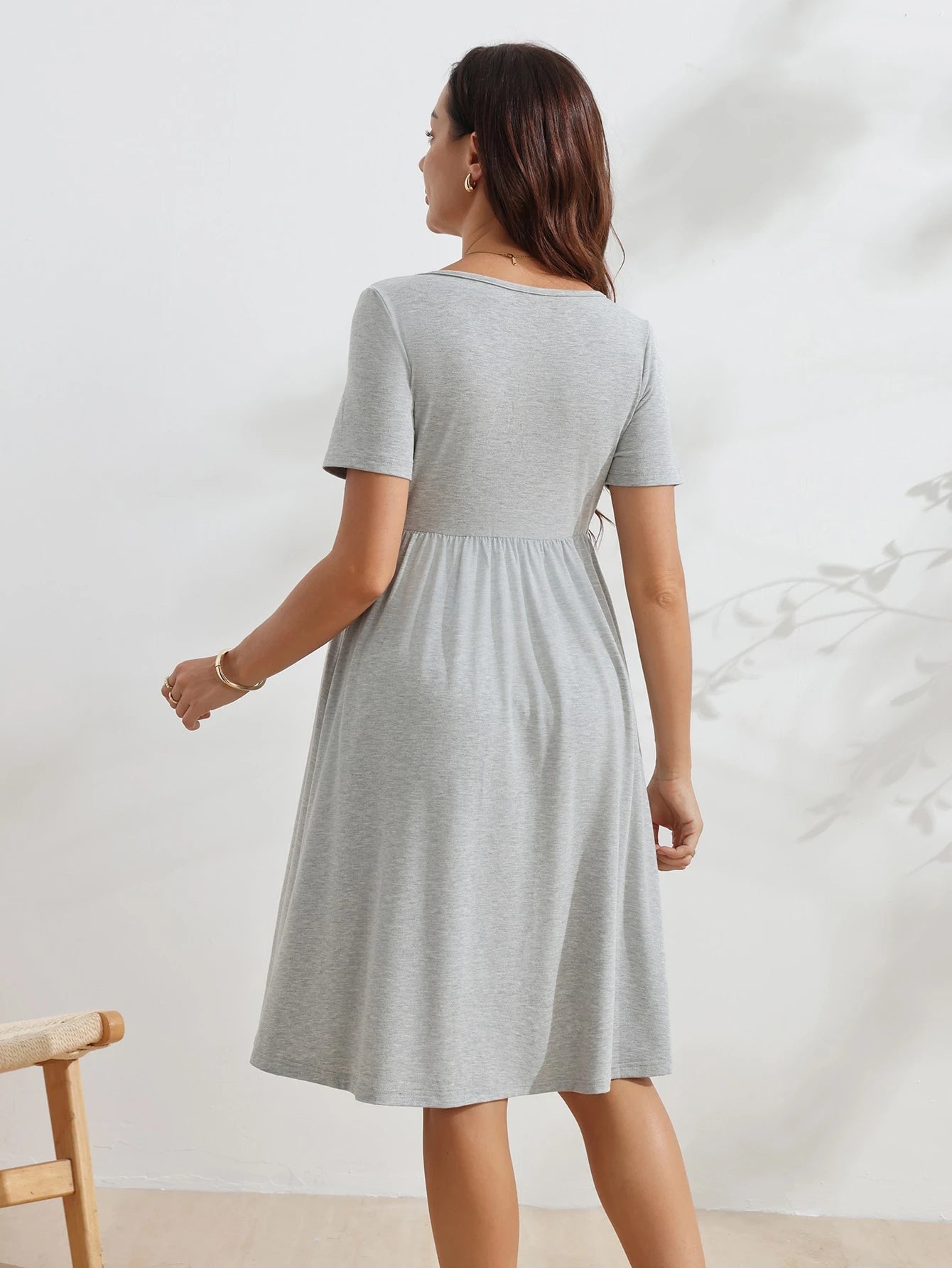 Vestido Gestante e Amamentação Manga Curta com Laço na Cintura - Cinza claro