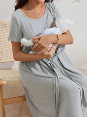 Vestido Gestante e Amamentação Manga Curta com Laço na Cintura - Cinza claro