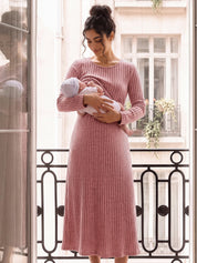 Vestido Gestante e Amamentação Midi Manga Longa com Barra Evasê - Rosa antigo