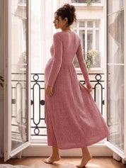 Vestido Gestante e Amamentação Midi Manga Longa com Barra Evasê - Rosa antigo