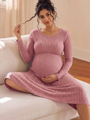 Vestido Gestante e Amamentação Midi Manga Longa com Barra Evasê - Rosa antigo
