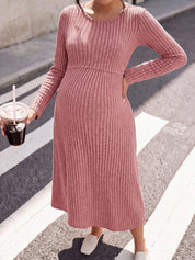 Vestido Gestante e Amamentação Midi Manga Longa com Barra Evasê - Rosa antigo