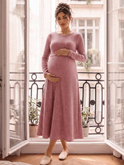 Vestido Gestante e Amamentação Midi Manga Longa com Barra Evasê - Rosa antigo