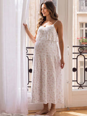 Vestido Gestante e Amamentação Midi de Alças Floral com Saia em Camadas - Branco