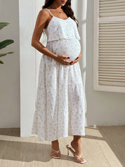 Vestido Gestante e Amamentação Midi de Alças Floral com Saia em Camadas - Branco