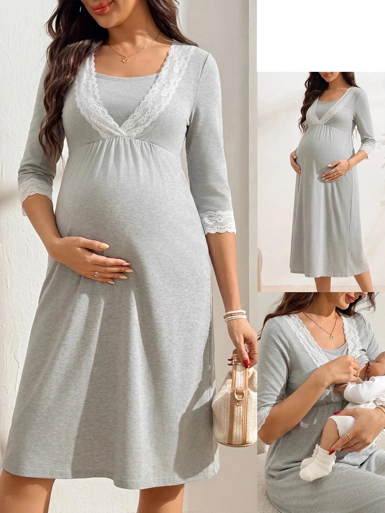 Vestido gestante e amamentação midi cinza com renda - detalhes