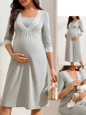 Vestido gestante e amamentação midi cinza com renda - detalhes