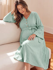 Vestido Gestante e Amamentação Midi Manga Longa com Botões e Faixa - Verde sálvia