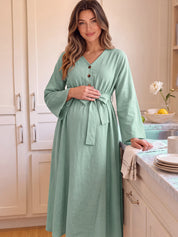 Vestido Gestante e Amamentação Midi Manga Longa com Botões e Faixa - Verde sálvia