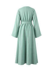Vestido Gestante e Amamentação Midi Manga Longa com Botões e Faixa - Verde sálvia