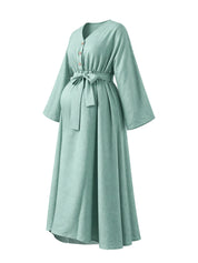 Vestido Gestante e Amamentação Midi Manga Longa com Botões e Faixa - Verde sálvia