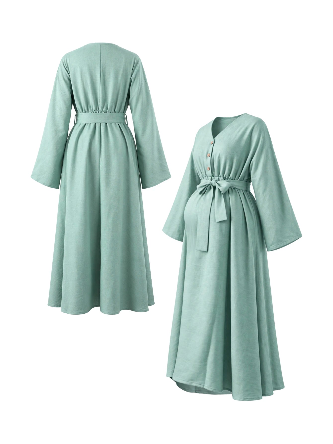 Vestido Gestante e Amamentação Midi Manga Longa com Botões e Faixa - Verde sálvia