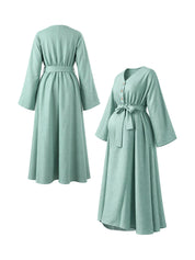Vestido Gestante e Amamentação Midi Manga Longa com Botões e Faixa - Verde sálvia