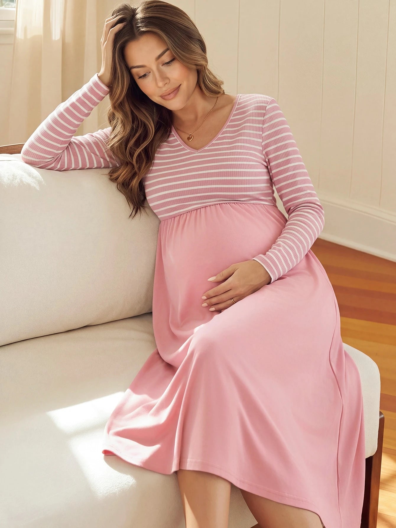 Vestido Gestante e Amamentação Midi Manga Longa com Busto Listrado - Rosa