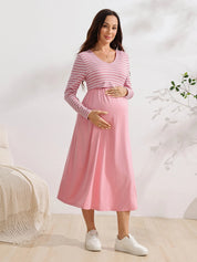 Vestido Gestante e Amamentação Midi Manga Longa com Busto Listrado - Rosa