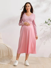 Vestido Gestante e Amamentação Midi Manga Longa com Busto Listrado - Rosa