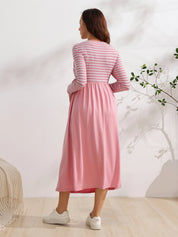 Vestido Gestante e Amamentação Midi Manga Longa com Busto Listrado - Rosa