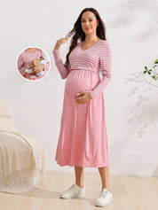 Vestido Gestante e Amamentação Midi Manga Longa com Busto Listrado - Rosa