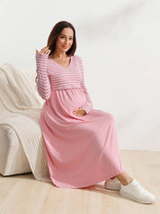 Vestido Gestante e Amamentação Midi Manga Longa com Busto Listrado - Rosa