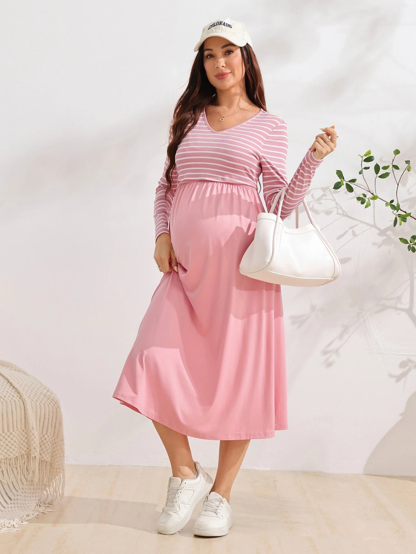 Vestido Gestante e Amamentação Midi Manga Longa com Busto Listrado - Rosa