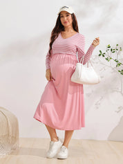Vestido Gestante e Amamentação Midi Manga Longa com Busto Listrado - Rosa