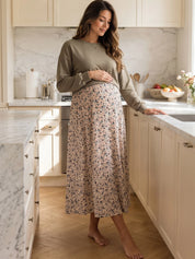 Vestido Gestante e Amamentação Midi Manga Longa Verde com Saia Floral - Verde floral