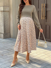 Vestido Gestante e Amamentação Midi Manga Longa Verde com Saia Floral - Verde floral